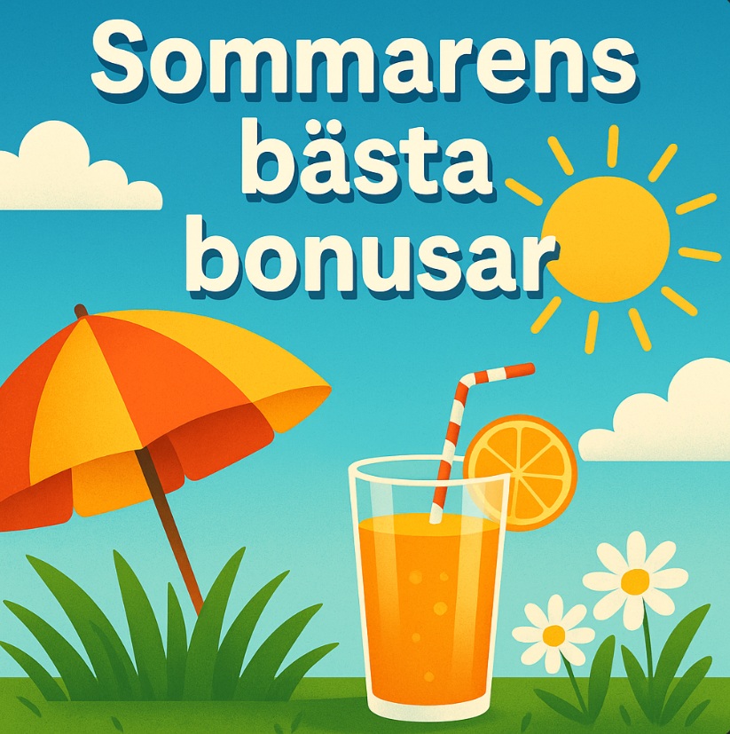 Somrig illustration med texten "Sommarens bästa bonusar" mot solig bakgrund med parasoll och juiceglas

