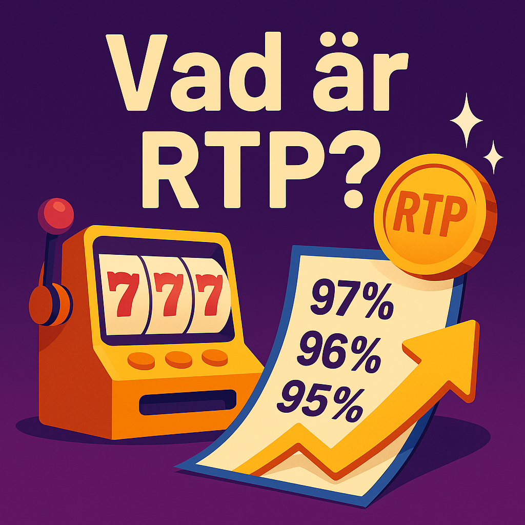 Illustration med texten "Vad är RTP?" samt en slotmaskin och papper med återbetalningsprocent