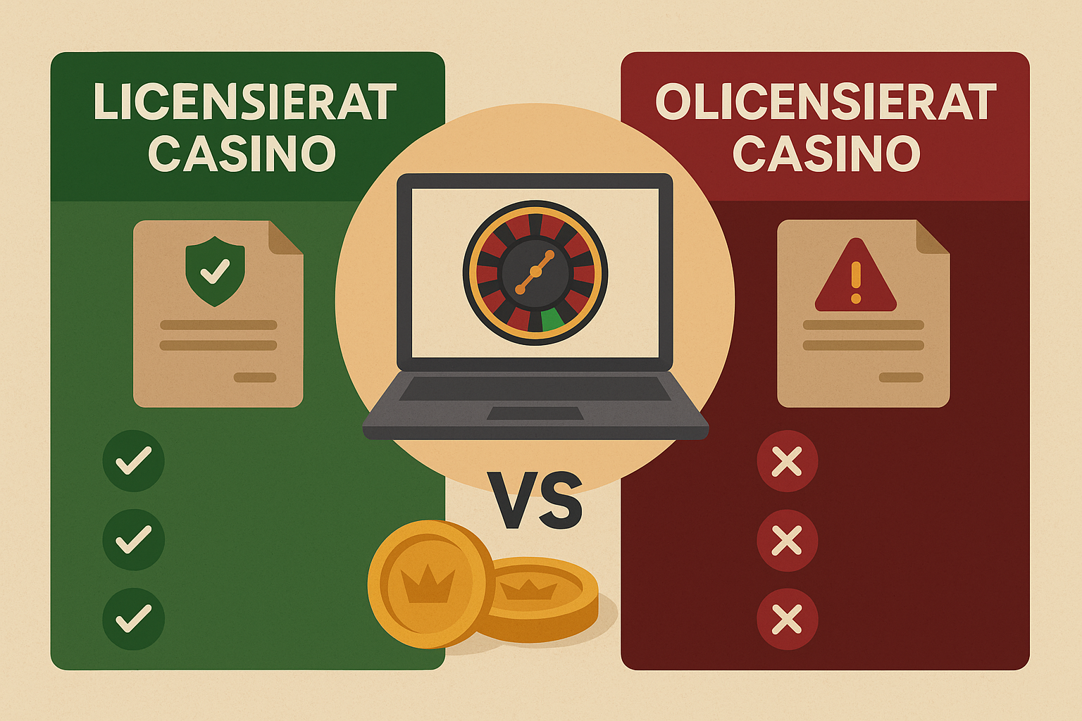 Jämförelse mellan licensierat casino och olicensierat casino, med tydliga symboler för trygghet respektive risk.