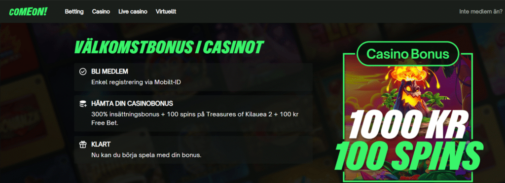 bild på comeon casinos bonuserbjudande med 300% insättningsbonus + 100 free spins + 100 kr free bet